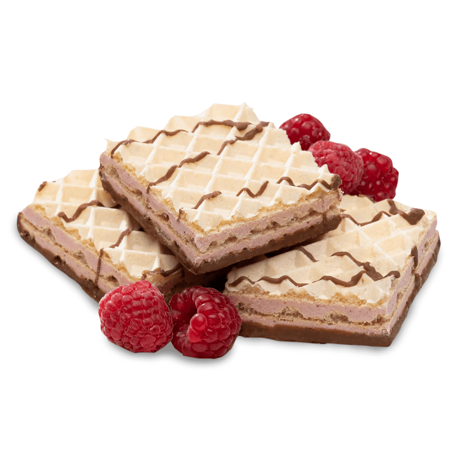 Protein wafers stacked with fresh raspberries, showcasing a delicious chocolate drizzle on top.